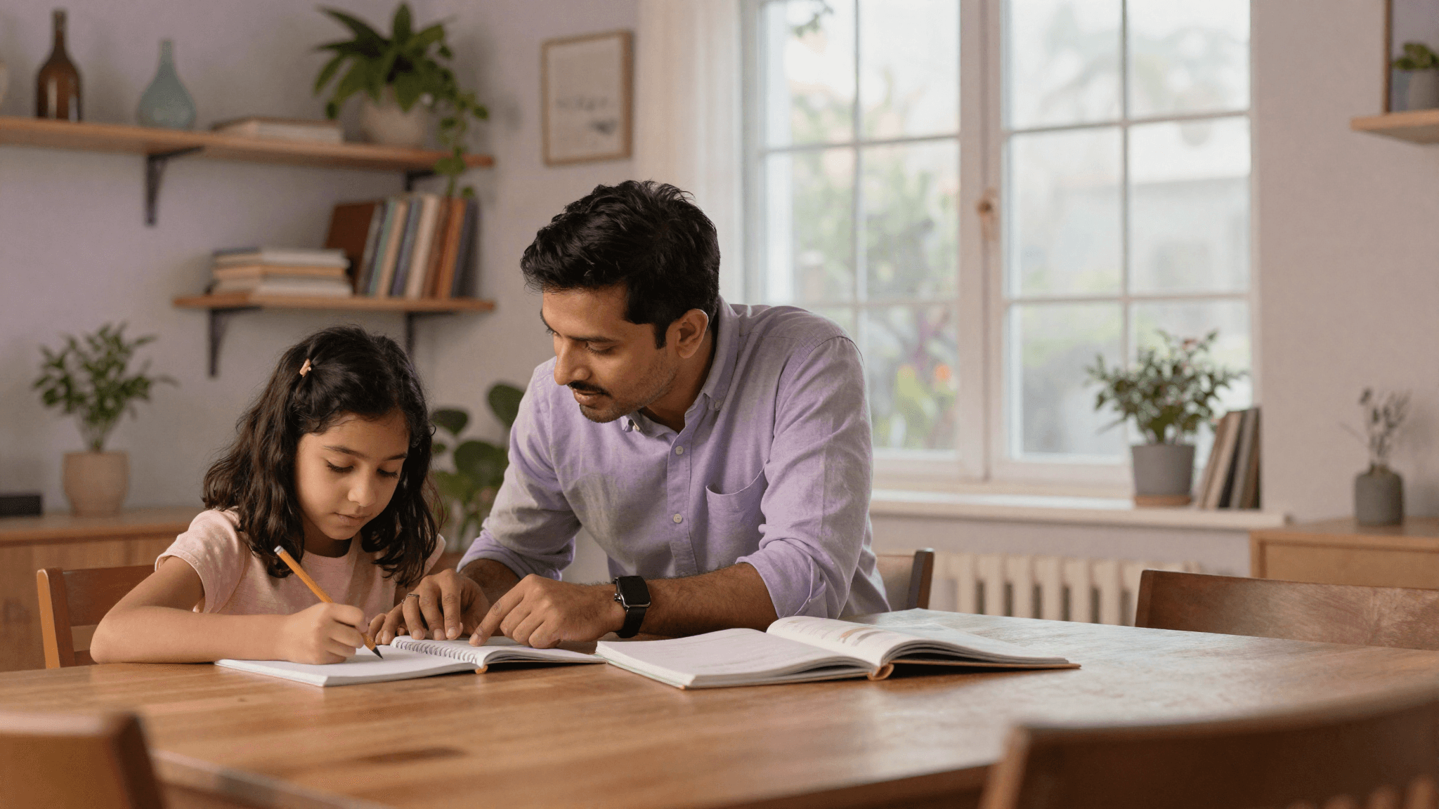 A father helping his daughter with homework