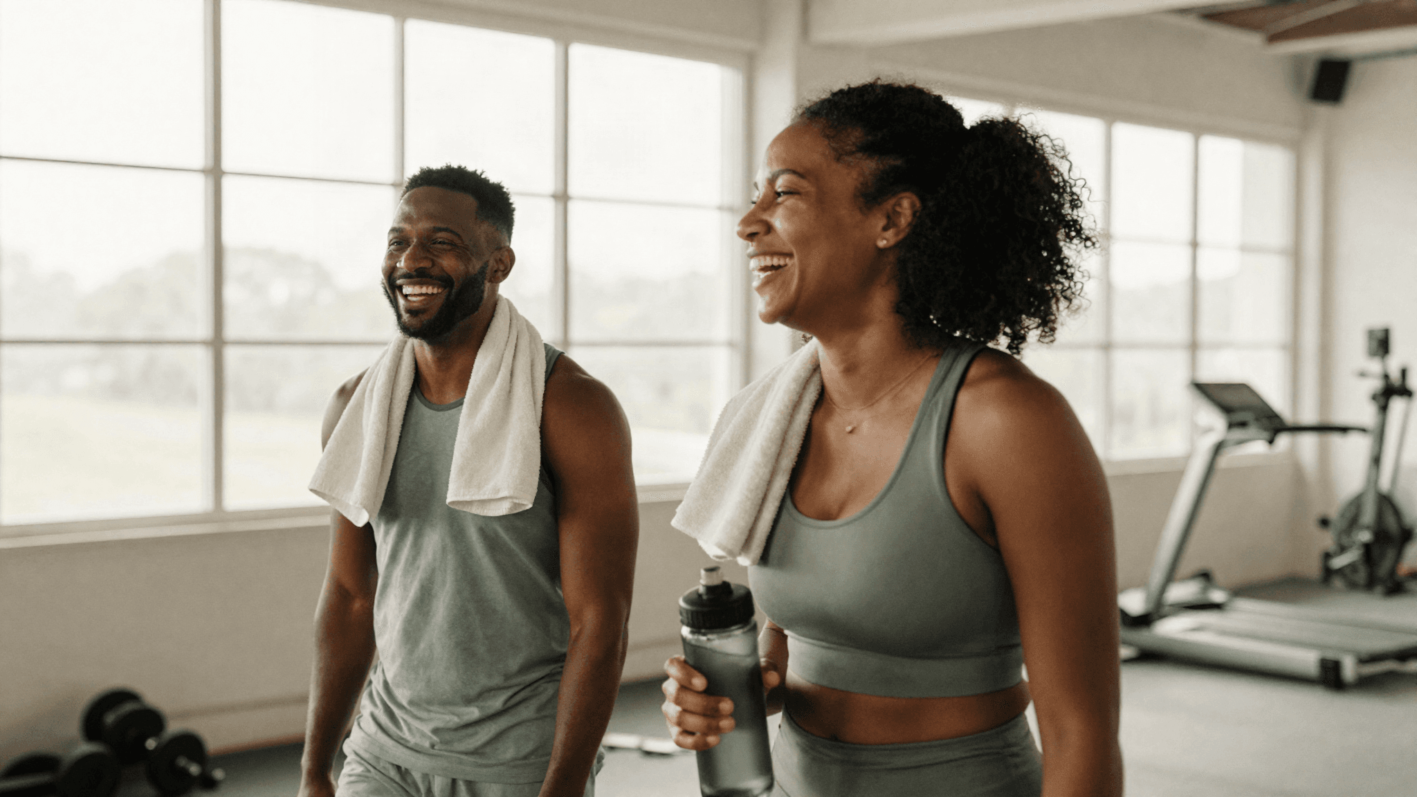 Two friends laughing after a workout in a bright gym