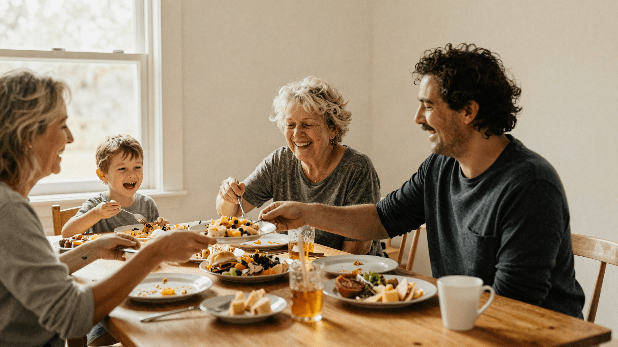 Three generations sharing lunch around a table