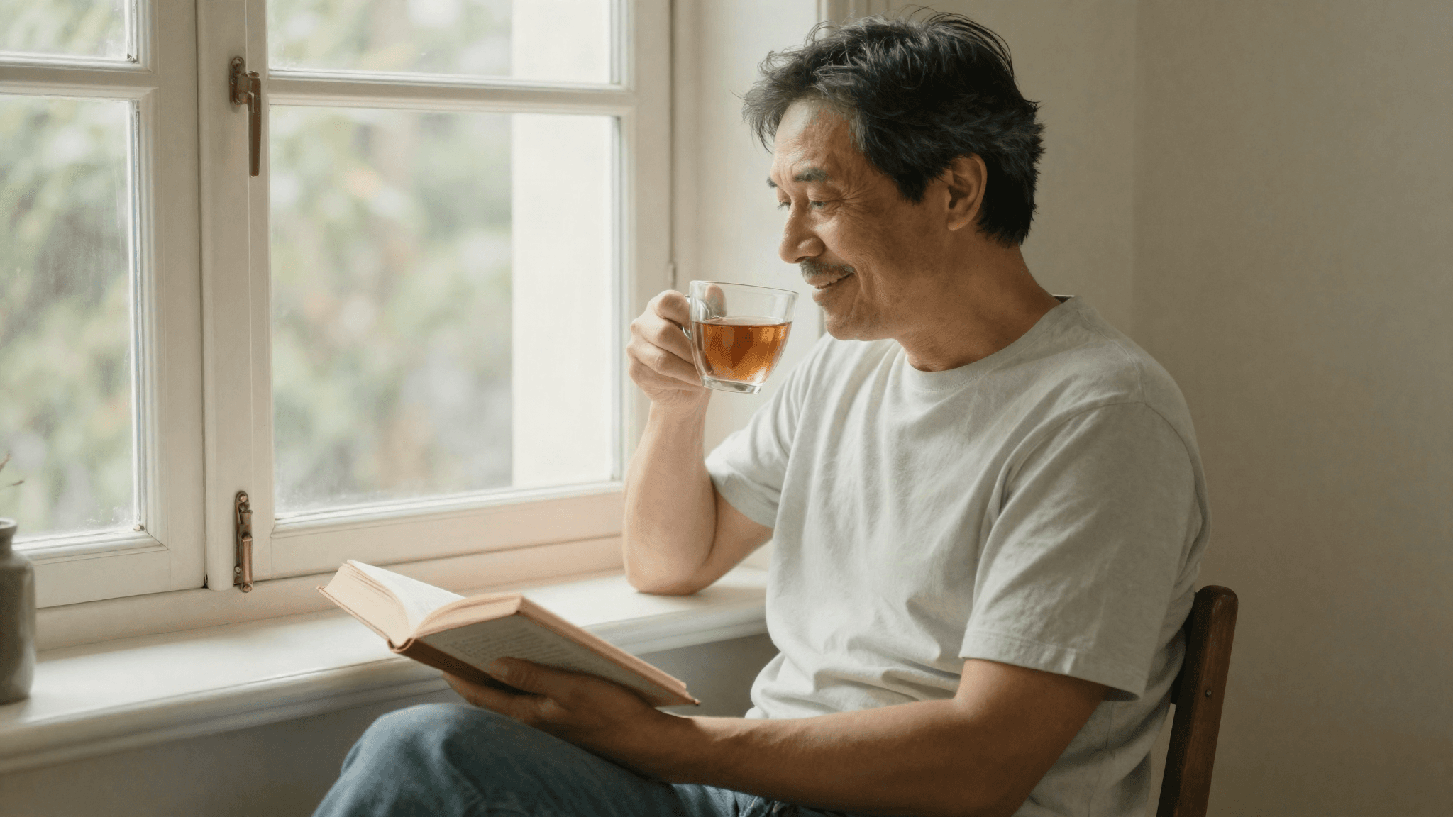 A quiet cup of tea and a book by a sunlit window