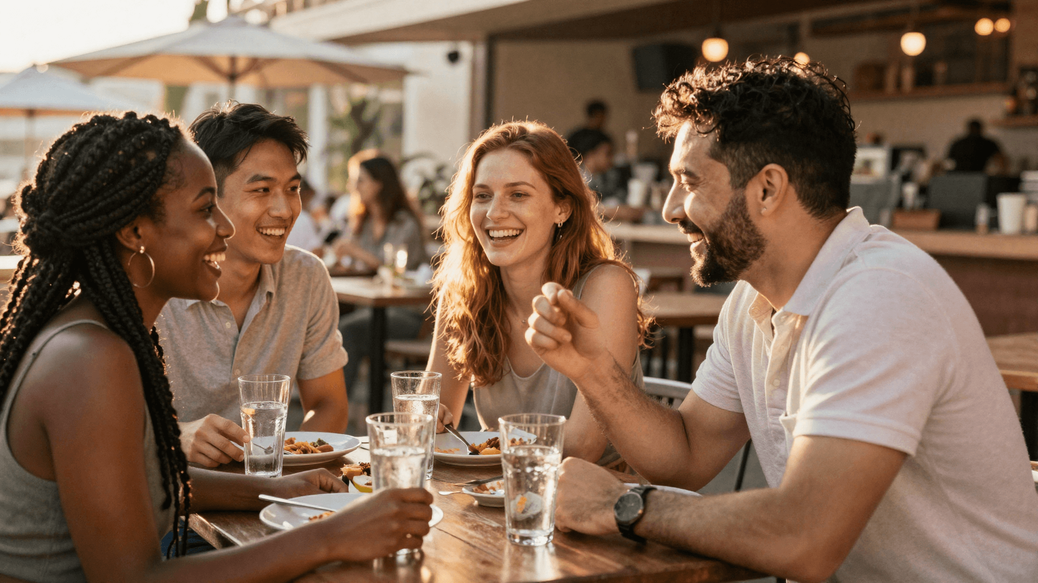Friends laughing around an outdoor table at golden hour