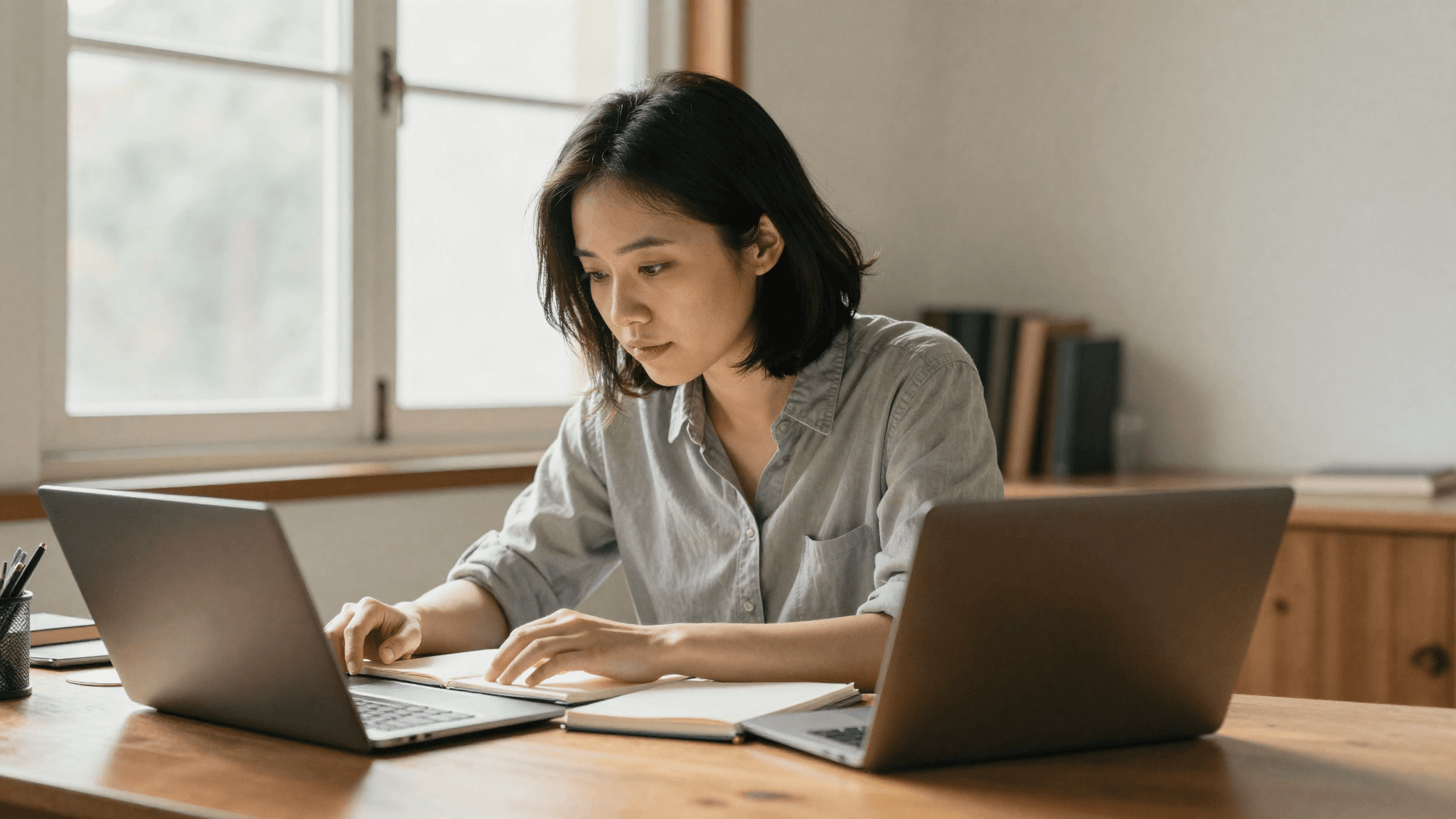 Focused, unhurried work at a warm wooden desk