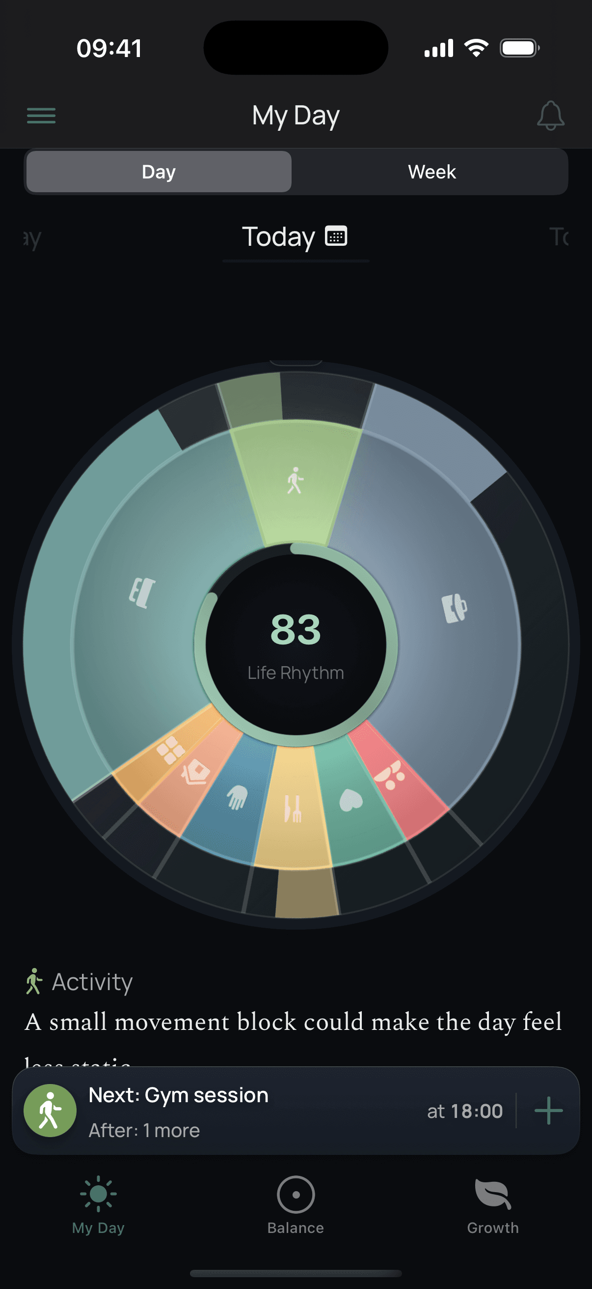 My Day in dark mode with the Vibrant Tones wheel palette applied