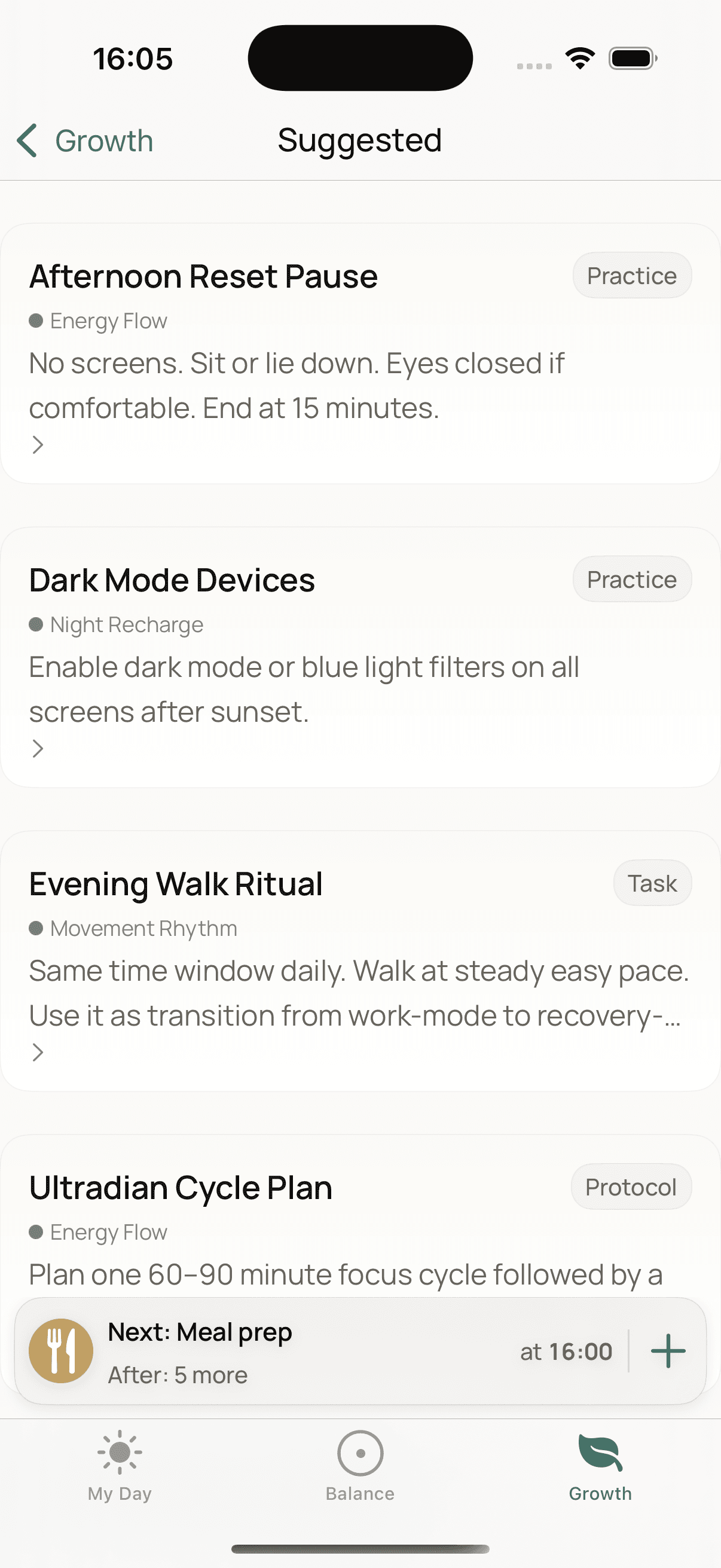 Suggested practices in Humo, next to the day's upcoming calendar events